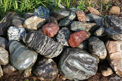 Kamenclub.ru: Ландшафтные валунчики фр.100-500 мм.  купить в Новосибирске крупный природный камень серый, темно-серый, светло-серый речной валун крупный 4800 руб/т   фото КАМЕНЬ КЛУБ