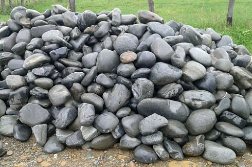 Kamenclub.ru: Темно-серый валунчик фр.100-300 мм.  купить в Новосибирске крупный природный камень серый, темно-серый, светло-серый речная галька большого размера окатанная 4500 руб/т   фото КАМЕНЬ КЛУБ