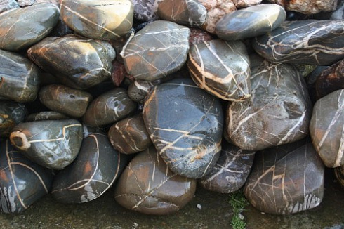 Kamenclub.ru: Валунчик Паутинник фр.100-300 мм  купить в Новосибирске крупный природный камень галечник темно-серый с прожилками белый черный речной валунчик 5000 руб/т   фото КАМЕНЬ КЛУБ